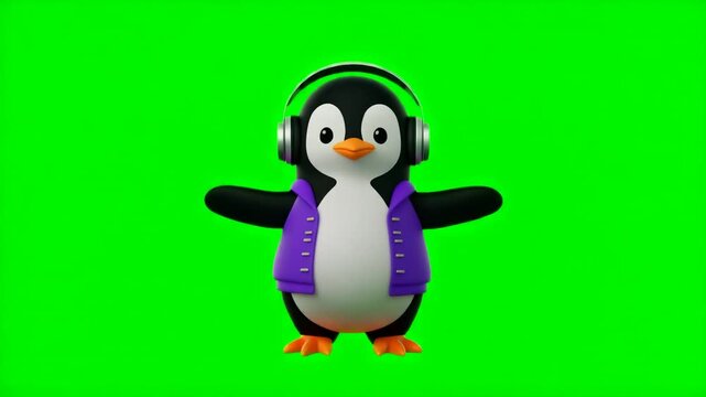 A cute 3D penguin in a purple varsity jacket performs a playful disco dance on a uniform green screen for comedy clips, social media, and video compositing.