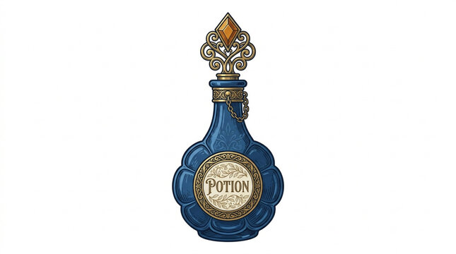 A vintage blue glass potion bottle with an ornate gold stopper and decorative label isolated on white background.