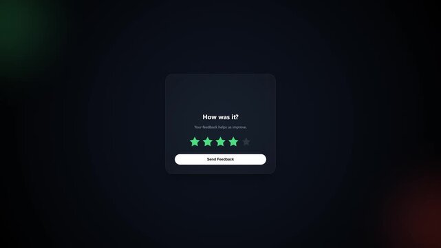 User satisfaction survey modal interface displays a four star review box on a dark digital background.