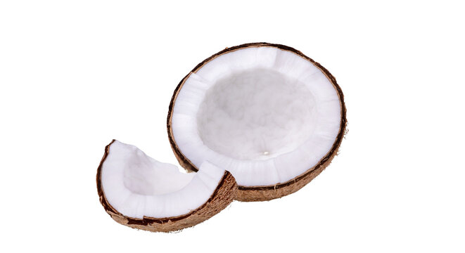 Fresh split coconut halves with white flesh isolated on black background