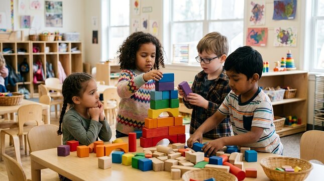 Diverse group of young children playing with colorful wooden building blocks in a classroom.