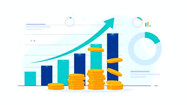 Business growth bar chart with rising arrow and stacks of gold coins, financial success and investment animation