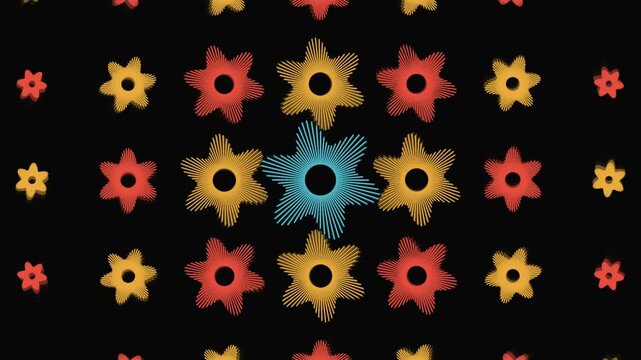 Abstract floral geometric pattern features colorful flower shapes in a symmetrical arrangement over a black background.