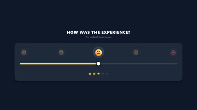 Dark mode user experience feedback slider interface featuring star ratings and a neutral reaction emoji.