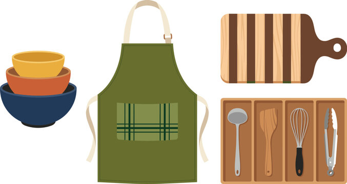 Kitchen cooking utensils and culinary accessories vector icon set with apron cutting board and ceramic bowls