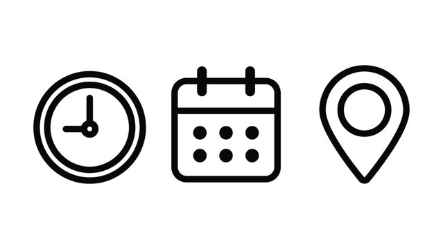 Time, date and address icon set vector, Appointment Planning, Navigation Symbols, Event Coordination. Clock, calendar, location pin marker signs. Vector Illustration.