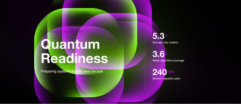 Abstract colorful shapes present quantum readiness concept. Metrics highlight system improvements, speed, coverage, rotation.