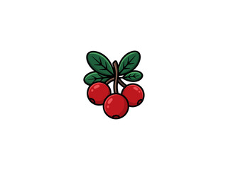 Obraz premium Three Ripe Red Cranberries With Green Leaves And Brown Stems Arranged As A Natural Berry Cluster For Seasonal Food, Autumn, And Botanical Designs, Vector Illustration