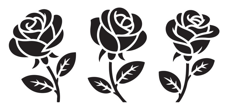 Black rose silhouette stencil set featuring detailed open blooms and stems with leaves on transparent background.
