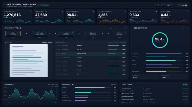 Ocr document intelligence dashboard in 4k for live recognition pipeline stages, extracted invoice fields, confidence scores throughput analytics for automated text
