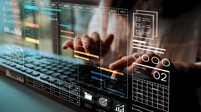Professional Businessperson Using Laptop with Modern Project Management Interface and Data Visualization Tools for Effective Planning and Coordination. Entropy.