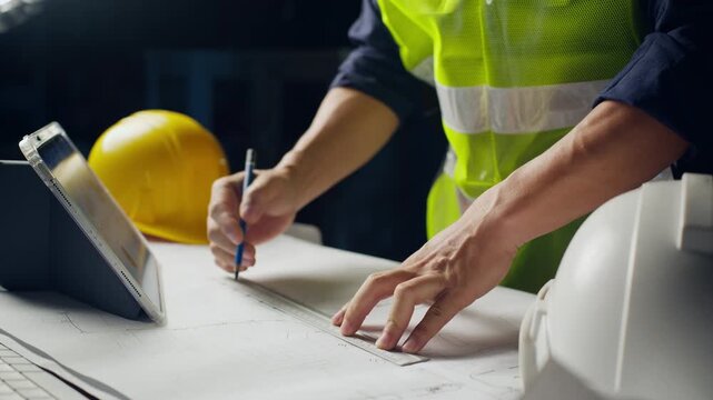 Architect engineer working on blueprint using ruler pencil and digital tablet at office desk.