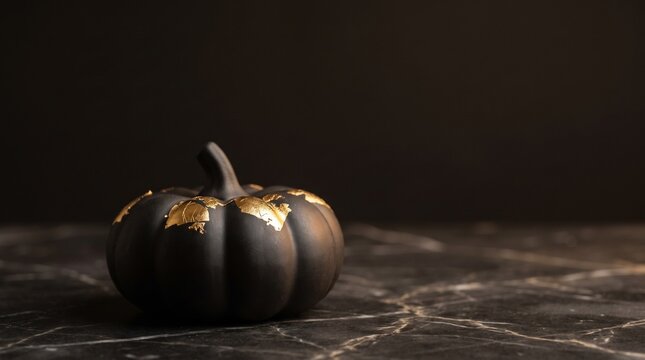 Minimalist luxury matte black ceramic pumpkin adorned with delicate 24k gold leaf foil accents on dark marble