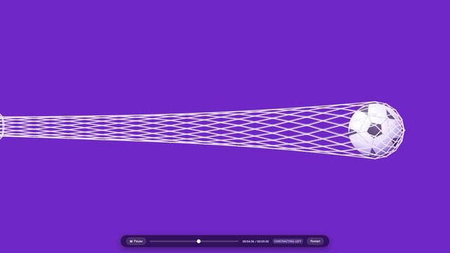 A ball moves inside an elastic net across a clean purple frame, stretching the mesh as it travels right, then swings back left in a smooth dynamic motion graphics loop for sports and motion design 3D.