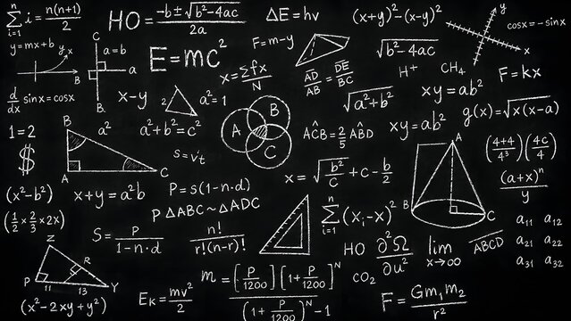 Mathematical formulas and geometric shapes handwritten on a chalkboard