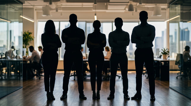  A silhouette of several people standing in a boss pose with their hands, in office, teamwork concept