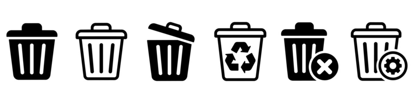 Trash Can icon Set with delete and remove symbols for garbage, waste management, recycling, and clean up. Bin for discarding items, office organization, user interface, and digital cleanup concepts.