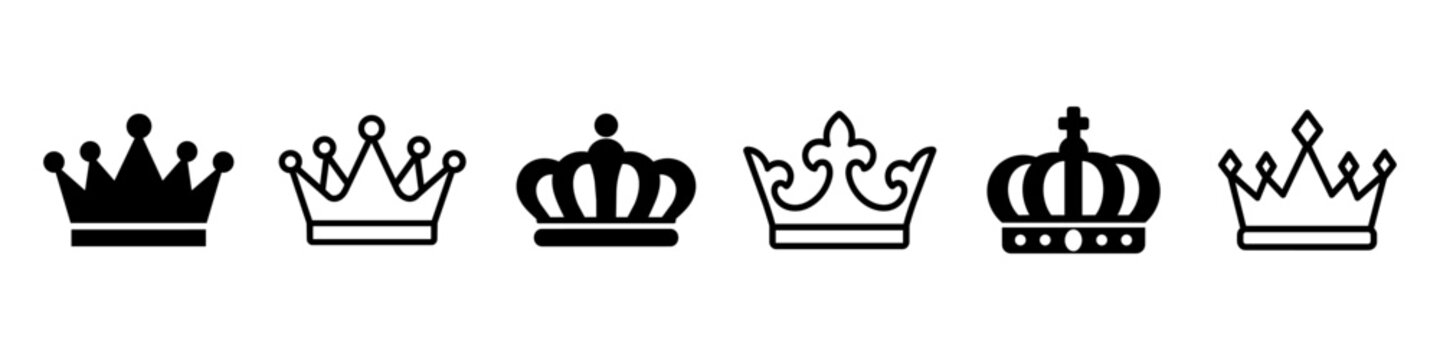 Crown icon Set with monarch diadem in black, royal symbol for power, leadership, wealth, luxury, and authority. Ideal for royal theme, achievement, nobility, prestige, and management concept.