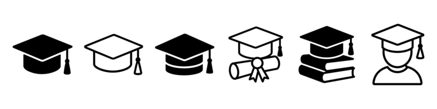 Education icon Set featuring graduation cap, diploma, books and student profile. Symbols for learning, academic success and school achievement. Ideal for university, college and training projects.
