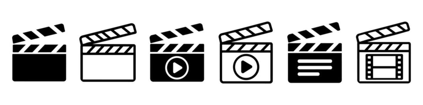 Cinema Clapperboard icon Set with movie production elements symbolizing filmmaking, direction, and entertainment. Film slate for success, recording, media, and broadcast. Ideal for video planning