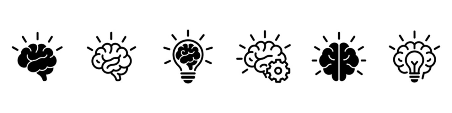 Brainstorming icon Set featuring glowing minds and lightbulbs symbolizing creative thinking, innovation, and smart solutions. Perfect for intelligence, strategy, and problem solving concepts easily.