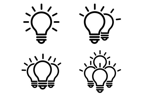 Lightbulb icon Set with glowing bulbs symbolizing bright ideas, inspiration and innovation. Lamps for creativity, thinking, knowledge and brainstorming. Ideal for problem solving, education, and
