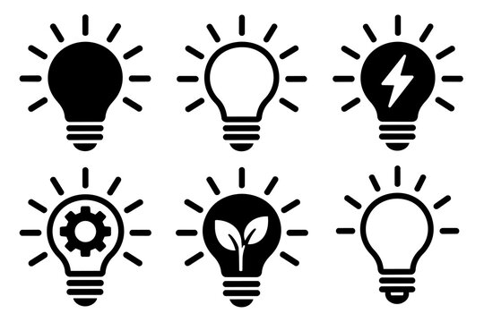Lightbulb icon Set featuring glowing bulbs with gear, leaf, and lightning symbols representing idea, innovation, energy, sustainability, and creative business strategy for modern development.