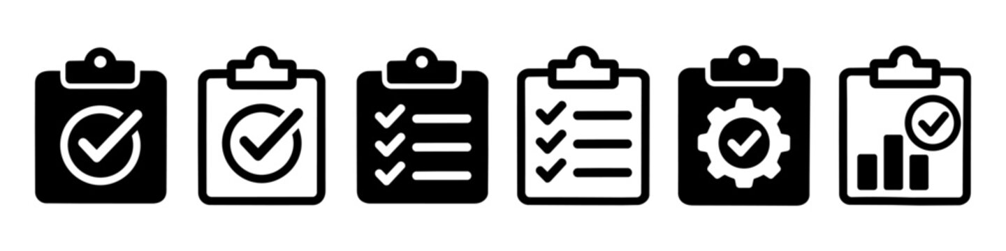 Clipboard icon Set with checklist and checkmark symbolizing task, progress and completion. Document for success, management, strategy and results. Ideal for planning, performance, and business