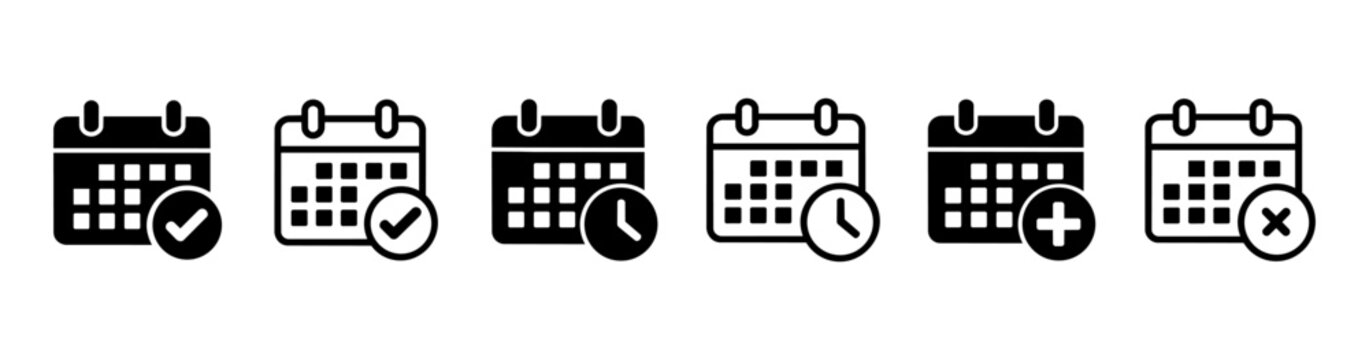 Calendar icon Set with checkmark, clock and plus symbols symbolizing scheduling, time management and planning. Perfect for business organization, productivity tracking and event management workflows.