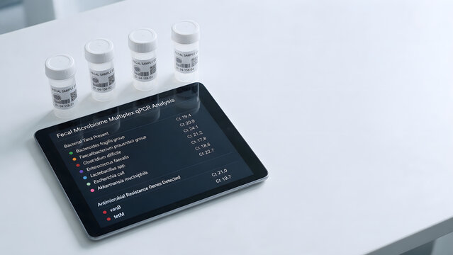 Fecal Microbiome Multiplex qPCR Analysis Results Displayed on Digital Tablet with Medical Sample Containers in Laboratory