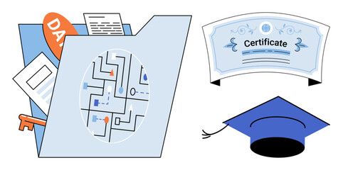 Academic cap, certificate, and data folder vector illustration. Education, graduation, professional development, data management, information security, academic achievement. Degree hat document © Dmytro