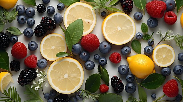 fresh berries and lemon slices flat lay on white background
