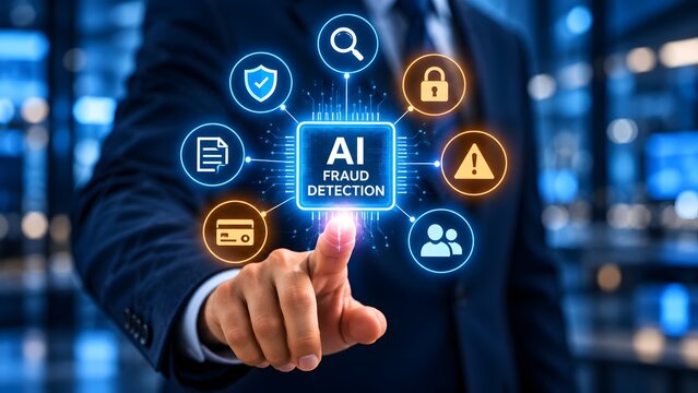 AI fraud detection system interface with businessman touching virtual screen for cybersecurity and financial protection