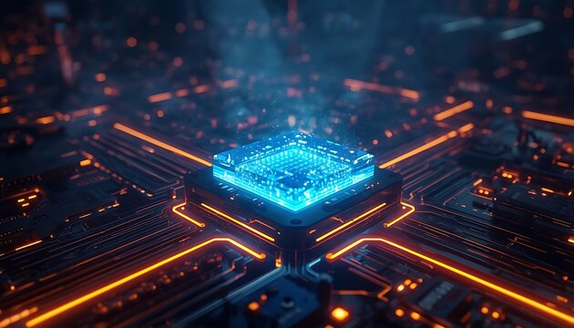 A glowing blue computer microchip processor embedded in a complex motherboard with orange circuit pathways. Ideal for high-tech computing and semiconductor manufacturing concepts.