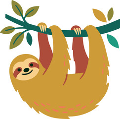 Cute sloth hanging upside down on a tree branch vector illustration isolated on white background for nature design © MD FAJLUL