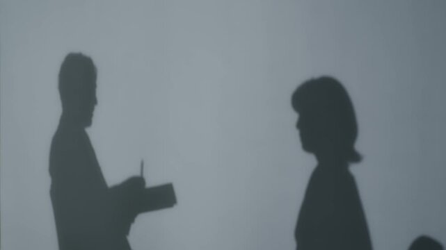 Silhouettes of a man and woman having an interview
