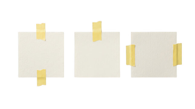 Three blank square paper notes attached with yellow masking tape isolated on white isolated on transparent background