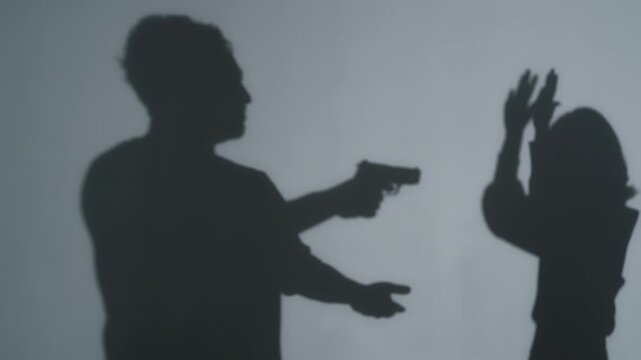 Silhouette of a man pointing a gun at a woman