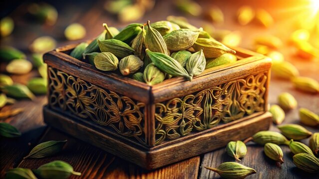 A delicate filigreepatterned wooden box emits a heady aroma sheltering a pile of fresh green cardamom pods within warm golden light