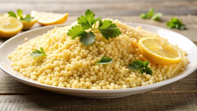 A fluffy couscous grains on a white plate garnished with parsley and lemon wedge