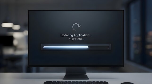 Black screen displaying opening system text with blue glowing progress loading bar animation, software update installation and technology processing concept with dark UI interface

