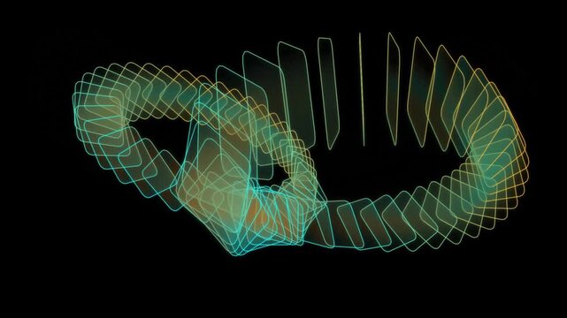 Abstract digital wave of glowing cyan and orange translucent rounded rectangles forming a futuristic tunnel motion on black background