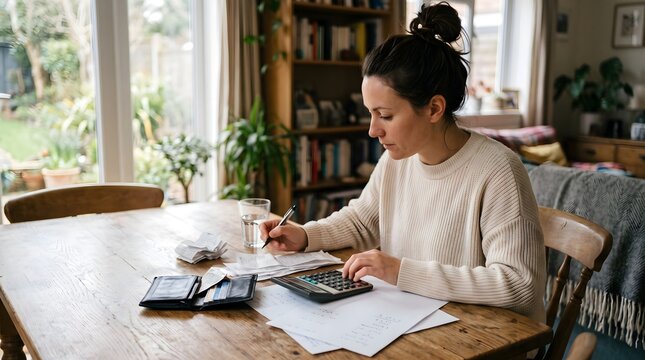 A woman works at a home desk with papers and a laptop, reviewing documents in a calm workspace that suggests remote work, planning, research, and everyday productivity.