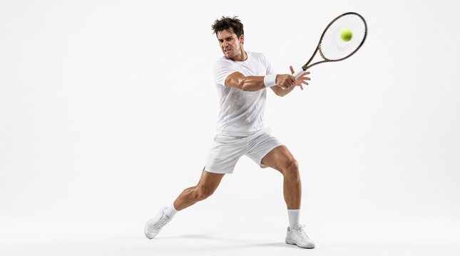 Professional Male Tennis Player in White Sportswear Hitting a Powerful Forehand Shot with Racket on a Clean White Background