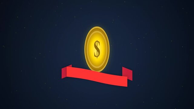 Golden dollar coin spinning on red ribbon business finance money concept