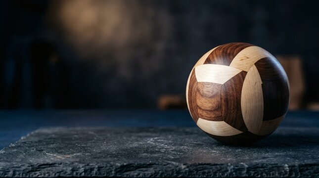 Decorative spherical wooden puzzle ball crafted with interlocking segments on a slate stone background.