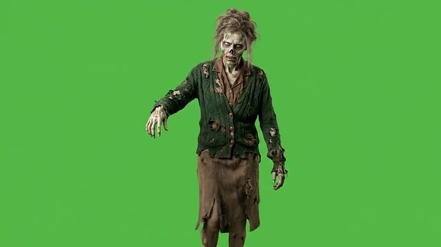 Halloween zombie female character walking on green screen background