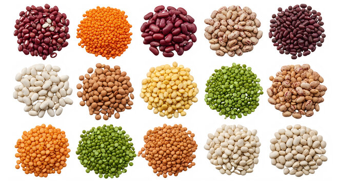 Various types of dry raw legumes and beans arranged in circles on transparent background.