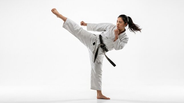 Female martial artist in white karate uniform with black belt performing high side kick on white background, karate sports action pose