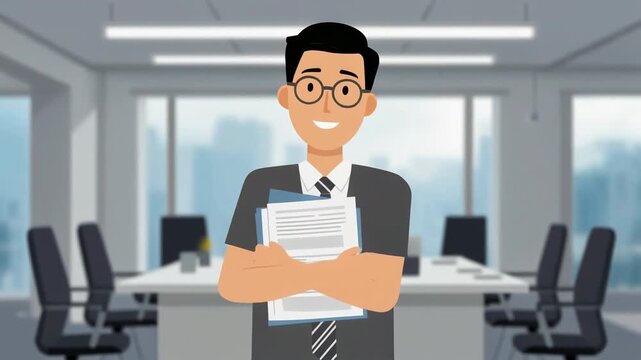 A cartoon office worker wearing glasses smiles while holding a stack of papers, creating a friendly business illustration about administration, paperwork, employment, and office tasks.